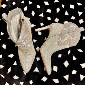 Gianni Bini Metallic Silver Crystal-Embellished Pointed Toe Heeled Ankle Boots